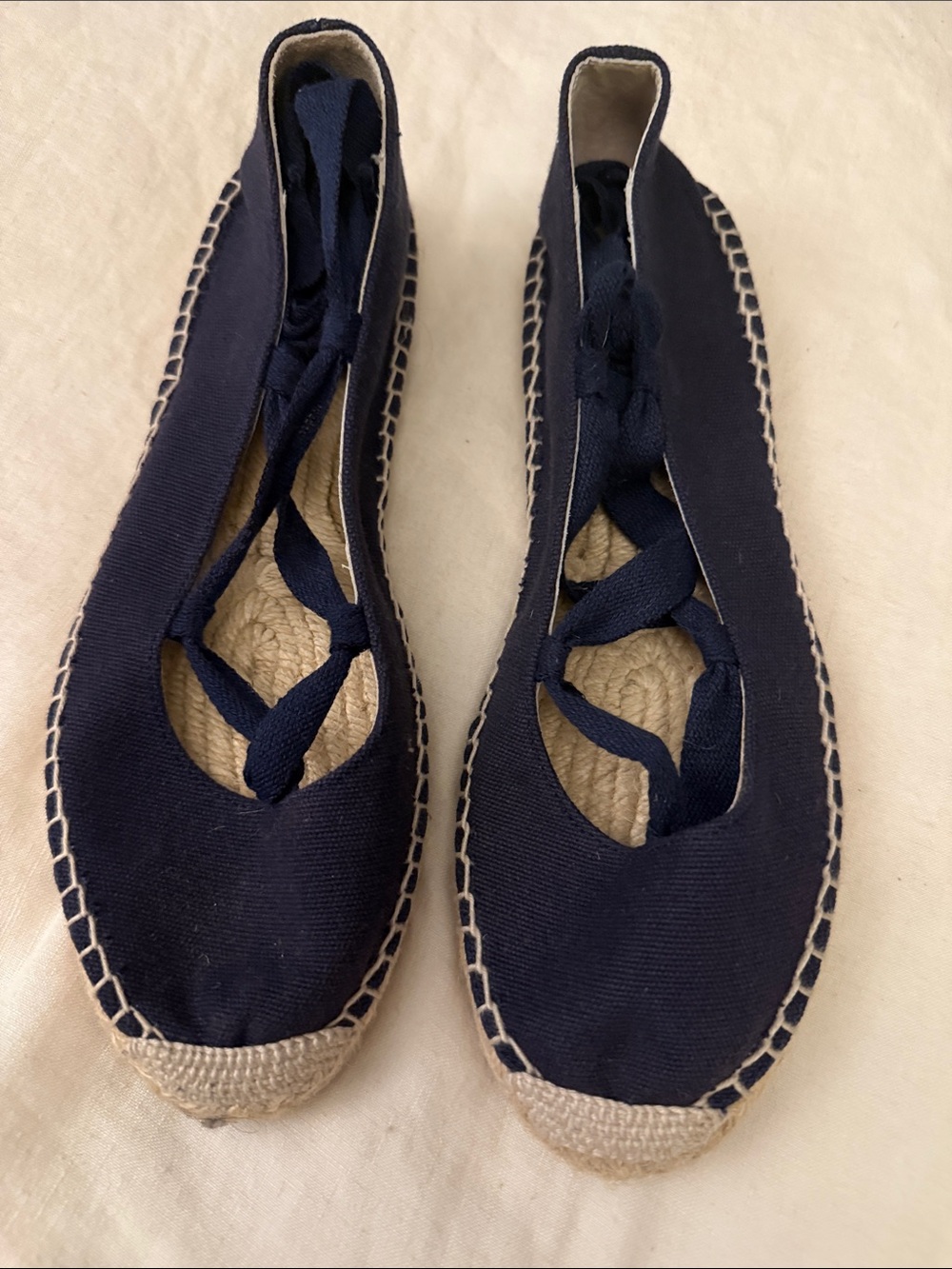 Women's Navy Canvas Espadrille Ballet Flats with Lace Tie